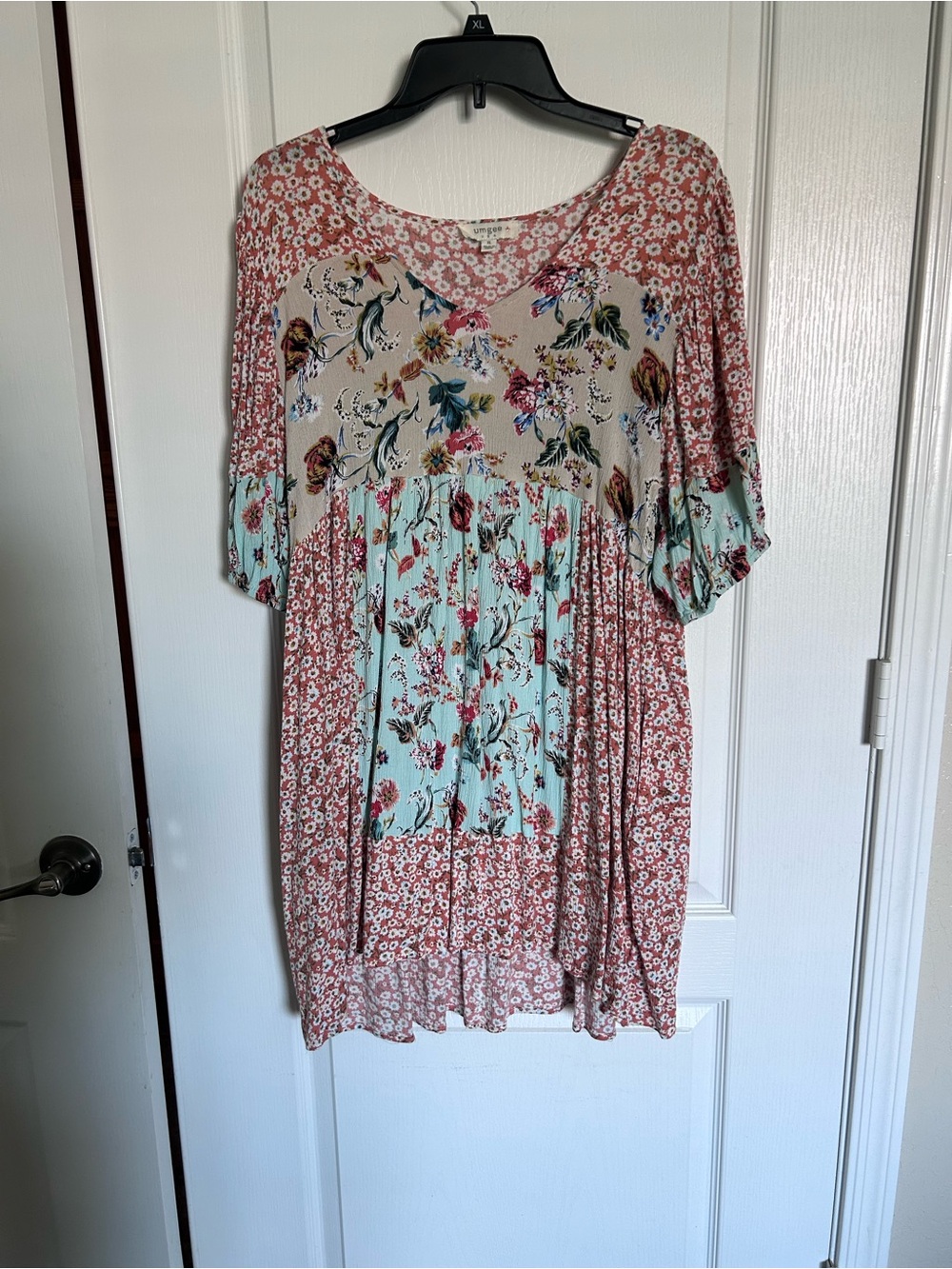Umgee Pink Floral Babydoll Top with Mint Accents